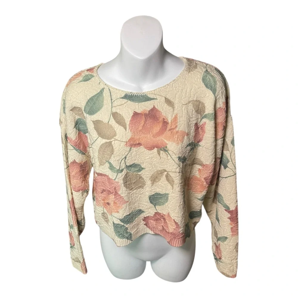 Vintage 90s Knit Sweater Pink Floral Green Leaf Design Boxy Fit see measurements